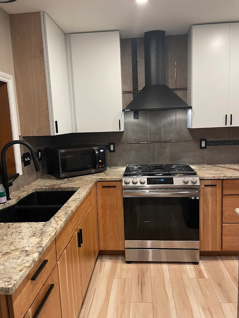 Small Unique Kitchen Remodel Wood Cabinets and white top cabinets